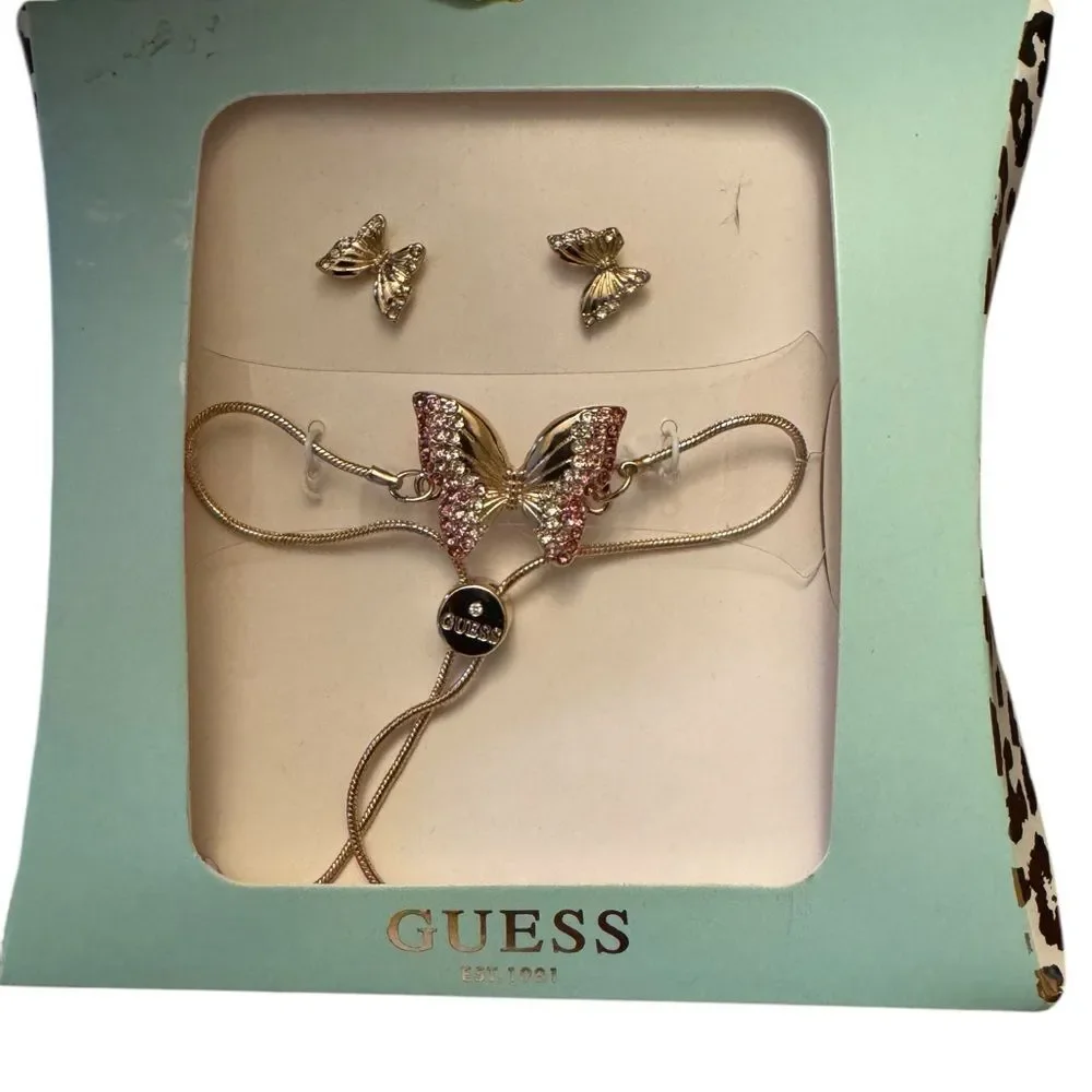 Guess Pave Butterfly Slider Bracelet & Stud Earrings Set Jewelry Set - Picture 2 of 4